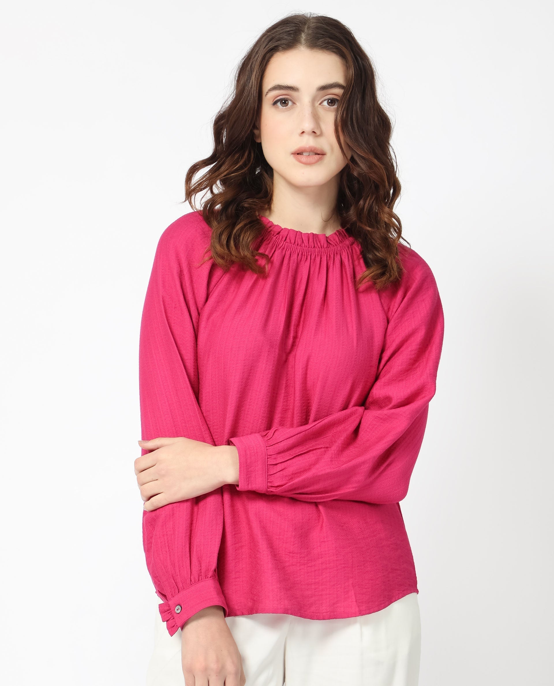 Rareism Women Harof Dark Pink Polyester Fabric Regular Fit High Neck Full Sleeves Solid Top