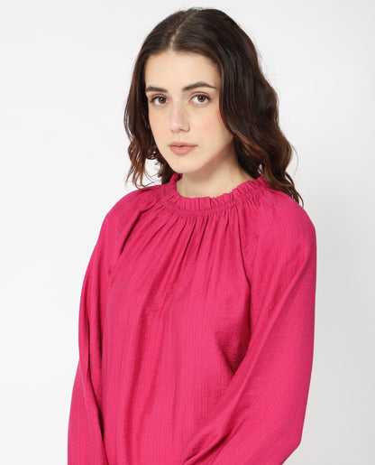 Rareism Women Harof Dark Pink Polyester Fabric Regular Fit High Neck Full Sleeves Solid Top