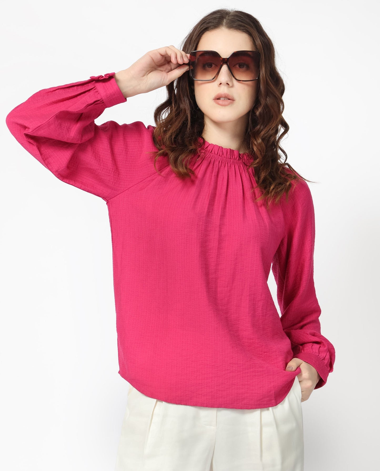 Rareism Women Harof Dark Pink Polyester Fabric Regular Fit High Neck Full Sleeves Solid Top