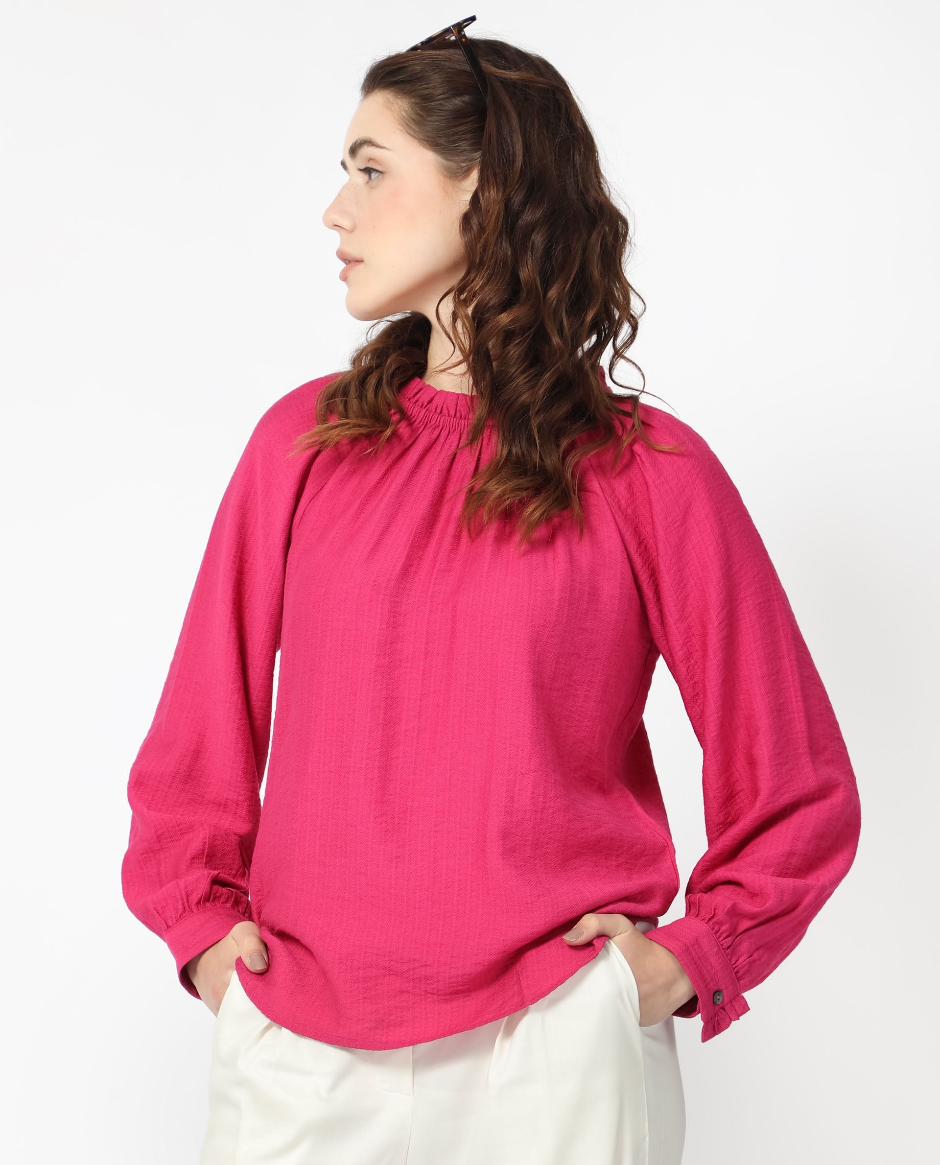 Rareism Women Harof Dark Pink Polyester Fabric Regular Fit High Neck Full Sleeves Solid Top