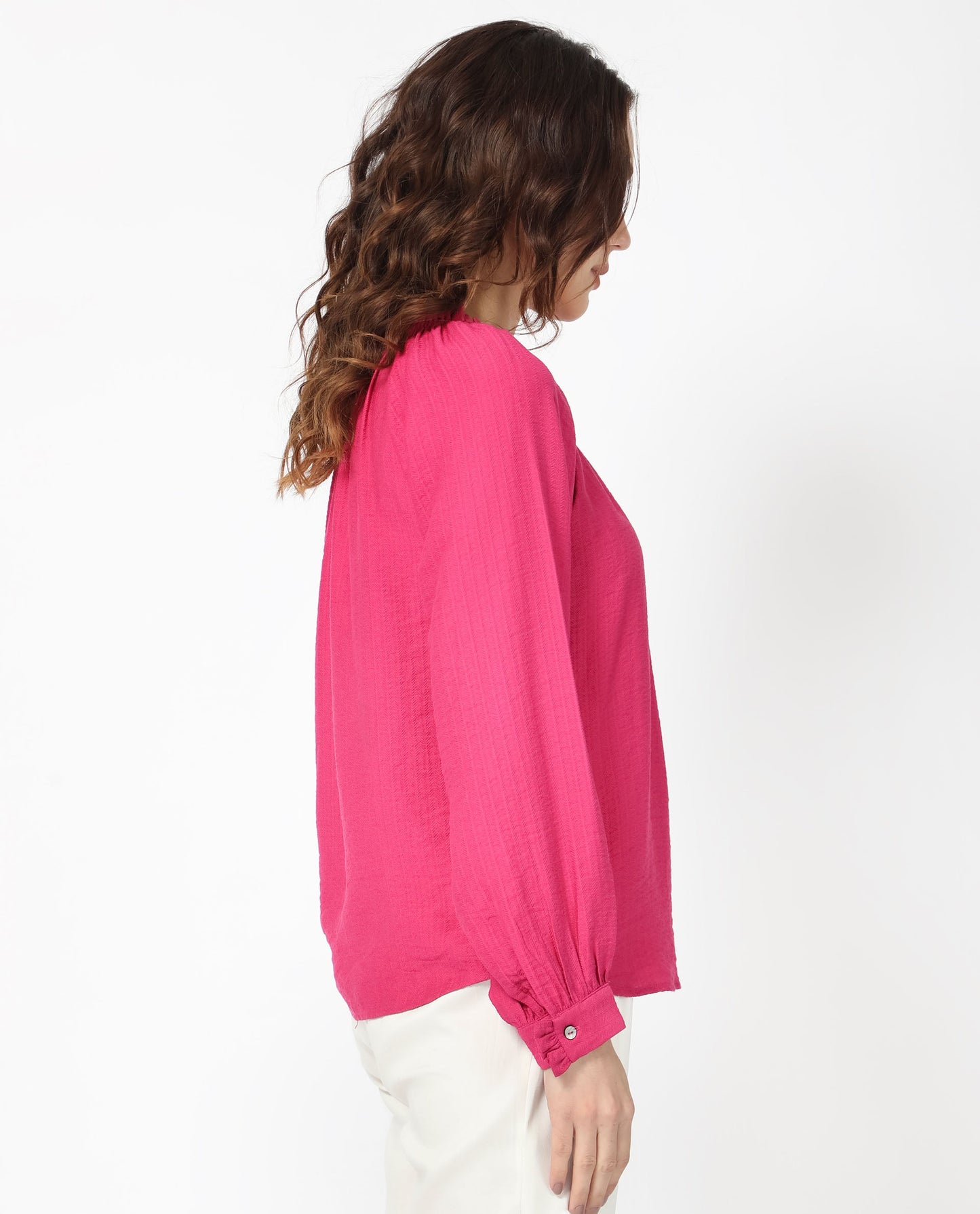 Rareism Women Harof Dark Pink Polyester Fabric Regular Fit High Neck Full Sleeves Solid Top