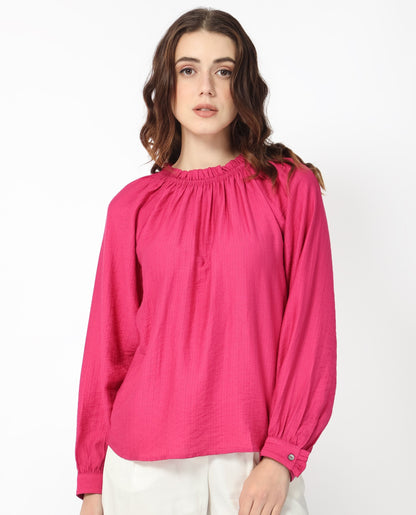 Rareism Women Harof Dark Pink Polyester Fabric Regular Fit High Neck Full Sleeves Solid Top