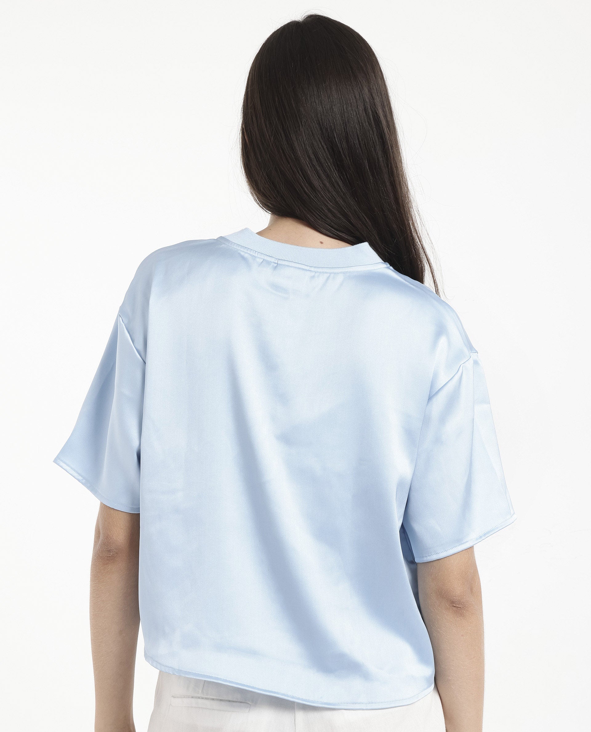 Rareism Women Haruno Light Blue Short Sleeve Ribbed Collar Boxy Fit Plain Top