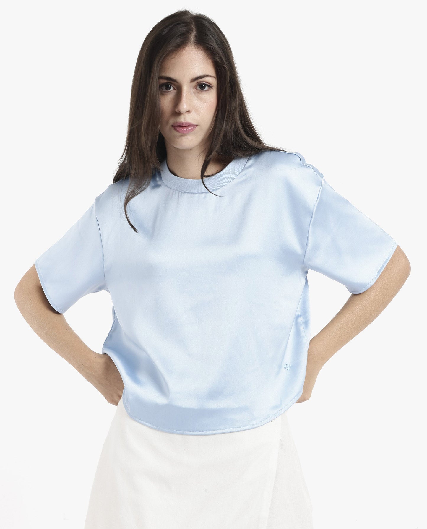 Rareism Women Haruno Light Blue Short Sleeve Ribbed Collar Boxy Fit Plain Top