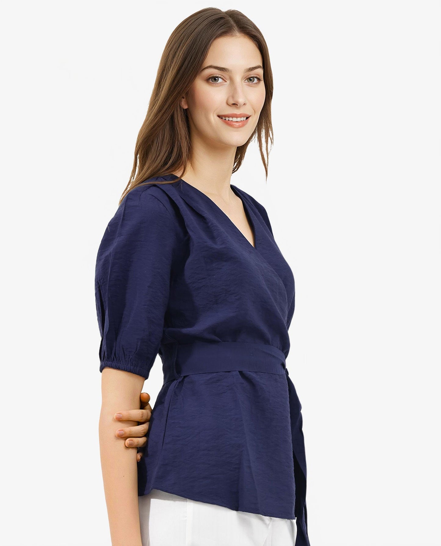 Rareism Women Hatten Navy Rayon Nylon Fabric Regular Sleeves V-Neck Solid Regular Length Top