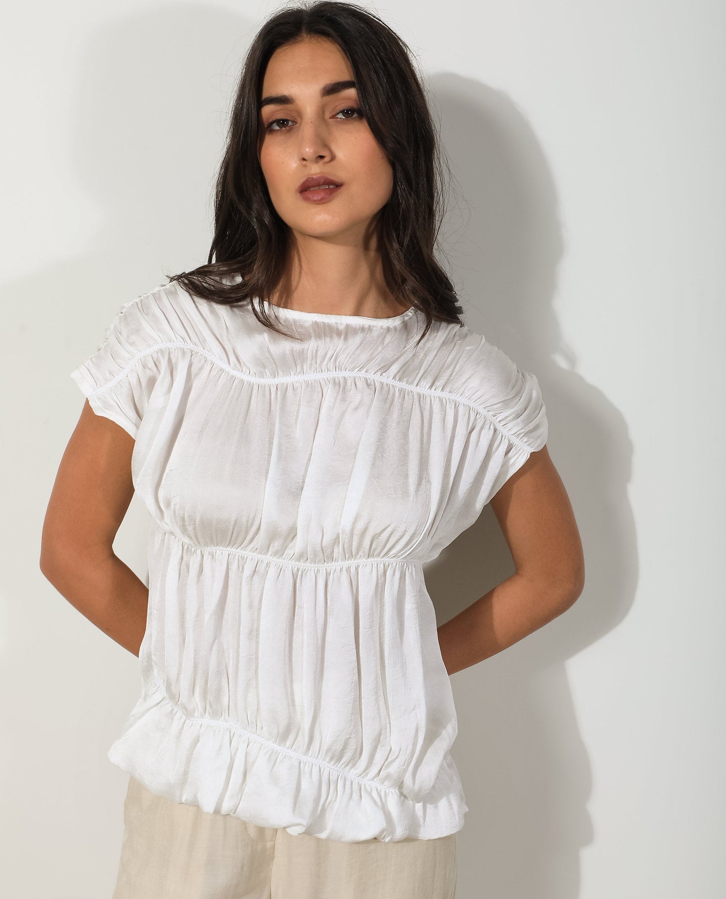 Rareism Women Larissa Dark White Polyester Fabric Short Sleeves Zip Closure Boat Neck Extended Sleeve Regular Fit Plain Top