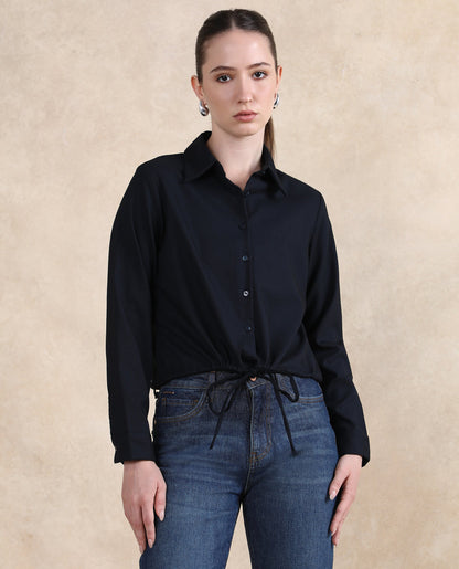 Rareism Women Hika Dark Navy Cuffed Sleeve Collared Neck Button Closure Plain Top