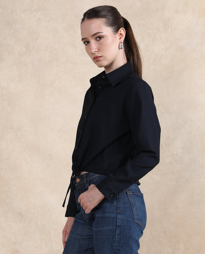 Rareism Women Hika Dark Navy Cuffed Sleeve Collared Neck Button Closure Plain Top