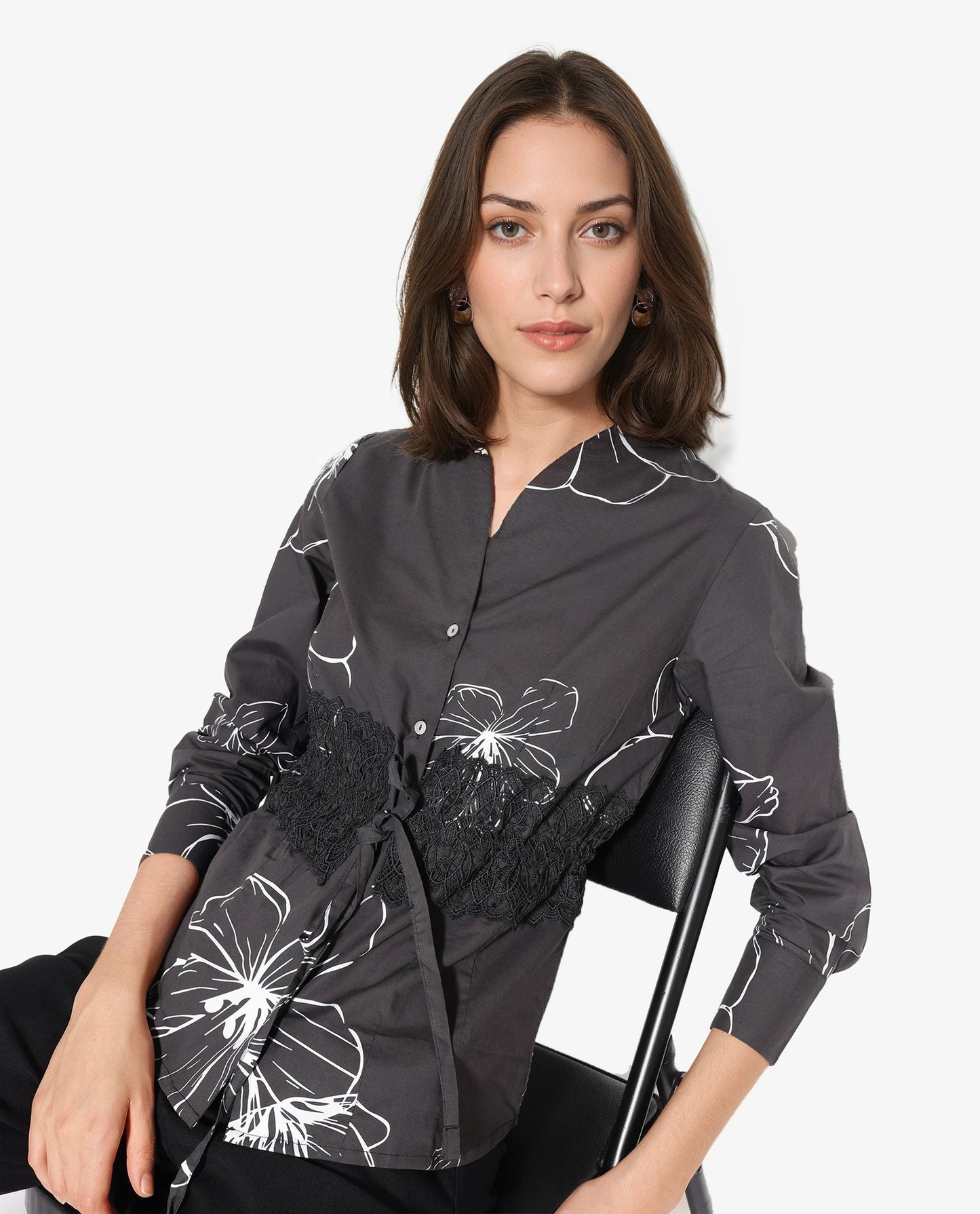 Rareism Women Hoose Brown Cuffed Sleeve V-Neck Button Floral Print Top