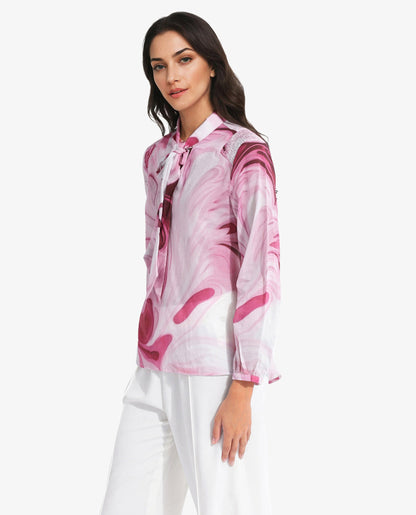 Rareism Women Hushie Pink Cuffed Sleeve Tie-Up Neck Button Closure Abstract Print Top