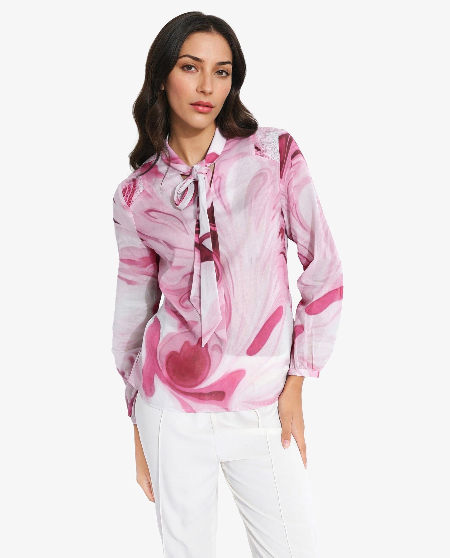 Rareism Women Hushie Pink Cuffed Sleeve Tie-Up Neck Button Closure Abstract Print Top