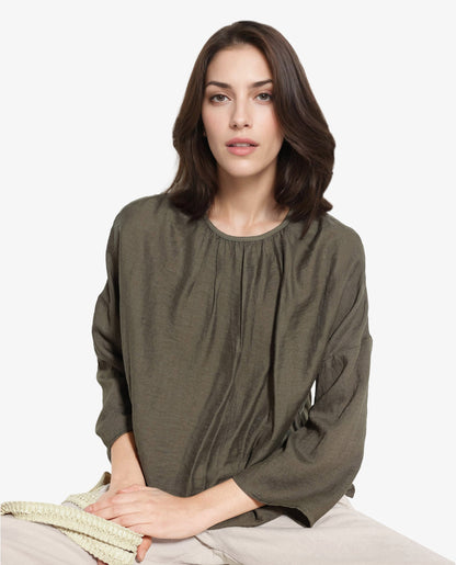 Rareism Women Husik Olive Raglan Sleeves Crew Neck Relaxed Fit Plain Top