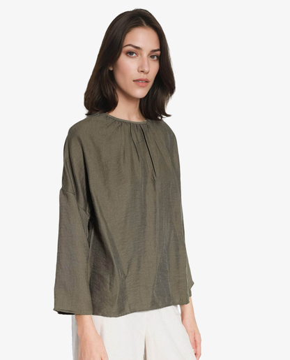 Rareism Women Husik Olive Raglan Sleeves Crew Neck Relaxed Fit Plain Top