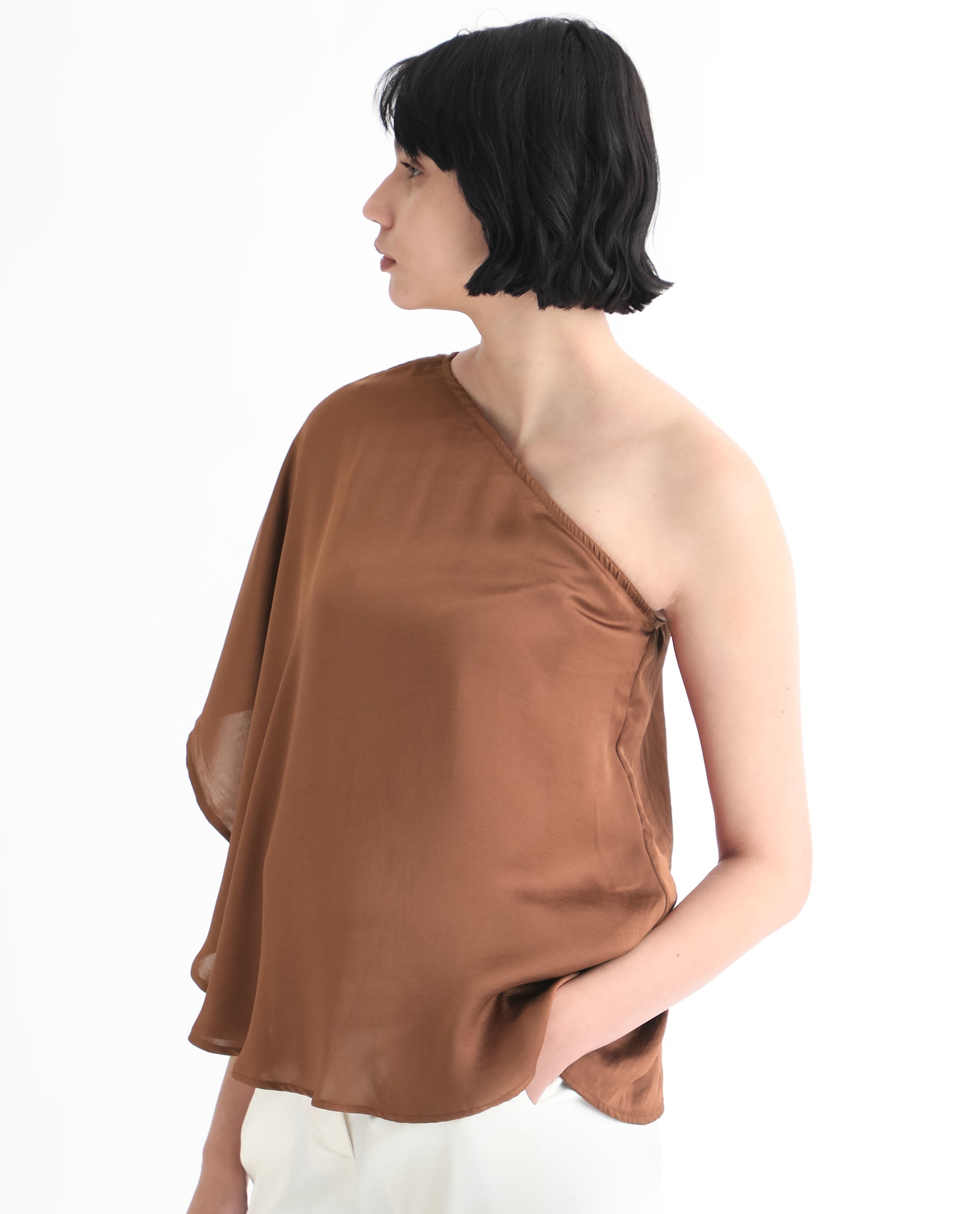 Rareism Women Ibis Dark Brown Polyester Fabric Off Shoulder Button Closure Flared Sleeve Regular Fit Plain Top