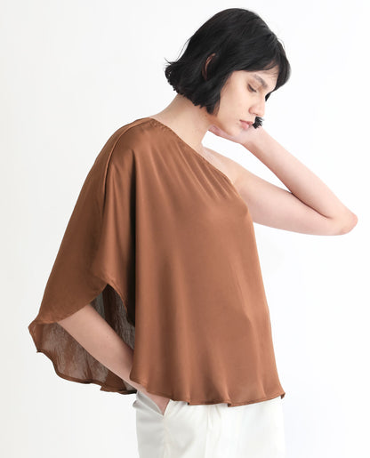 Rareism Women Ibis Dark Brown Polyester Fabric Off Shoulder Button Closure Flared Sleeve Regular Fit Plain Top