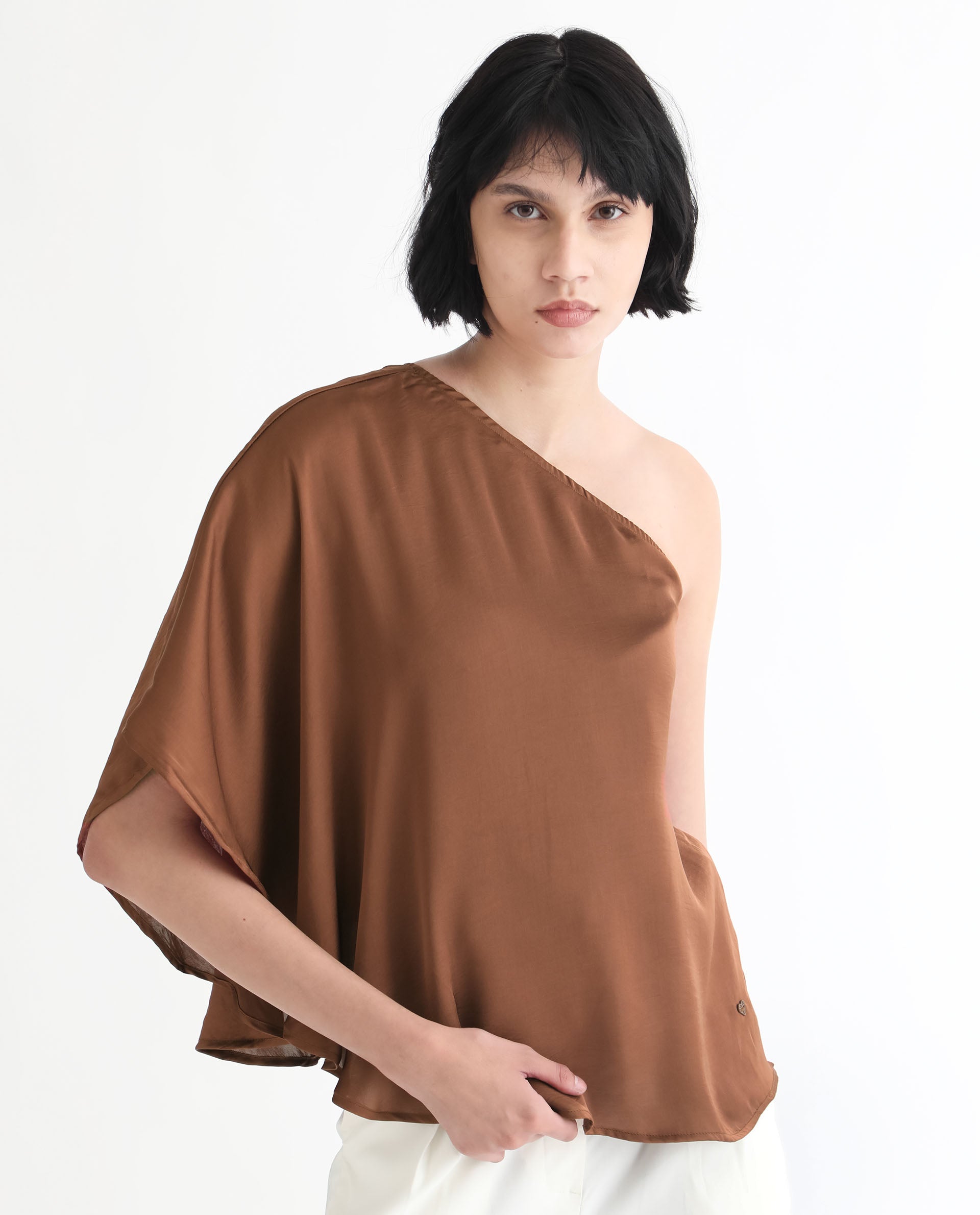 Rareism Women Ibis Dark Brown Polyester Fabric Off Shoulder Button Closure Flared Sleeve Regular Fit Plain Top