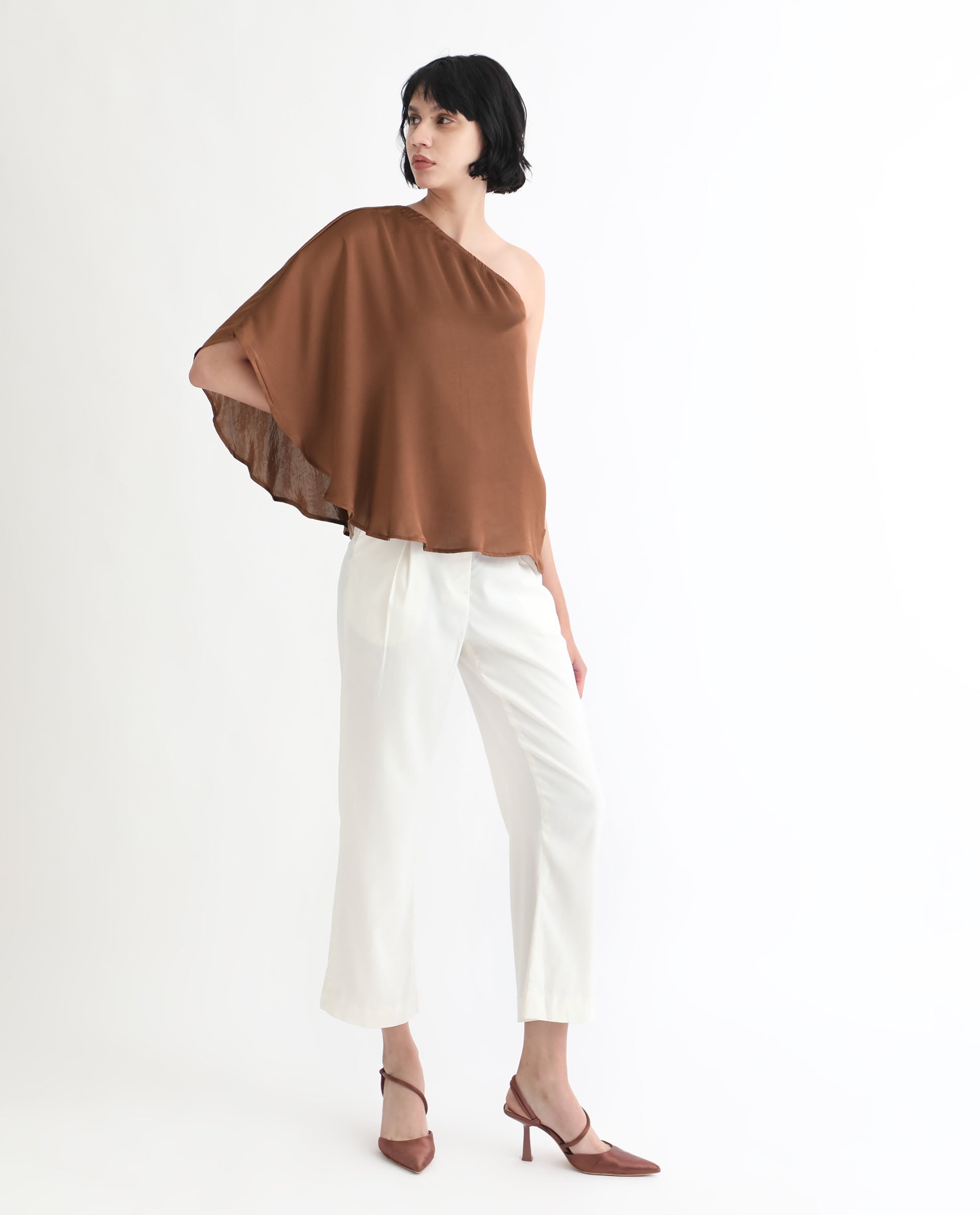 Rareism Women Ibis Dark Brown Polyester Fabric Off Shoulder Button Closure Flared Sleeve Regular Fit Plain Top