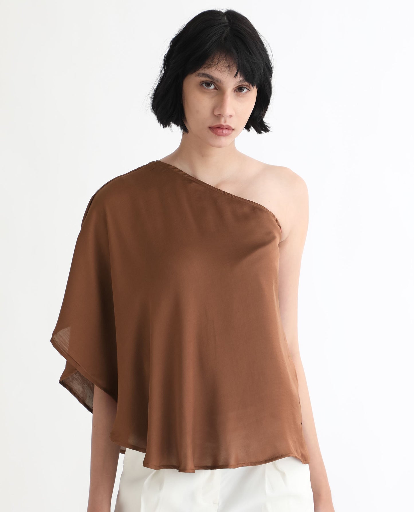 Rareism Women Ibis Dark Brown Polyester Fabric Off Shoulder Button Closure Flared Sleeve Regular Fit Plain Top