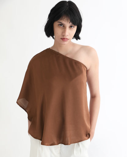 Rareism Women Ibis Dark Brown Polyester Fabric Off Shoulder Button Closure Flared Sleeve Regular Fit Plain Top