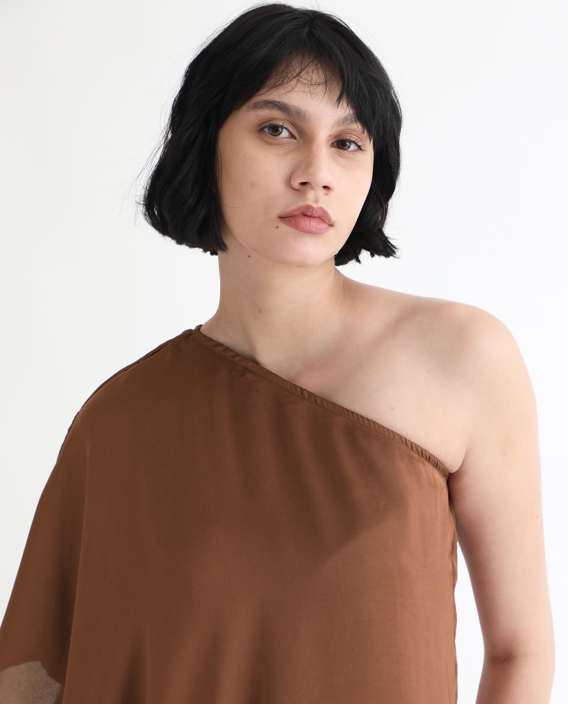 Rareism Women Ibis Dark Brown Polyester Fabric Off Shoulder Button Closure Flared Sleeve Regular Fit Plain Top