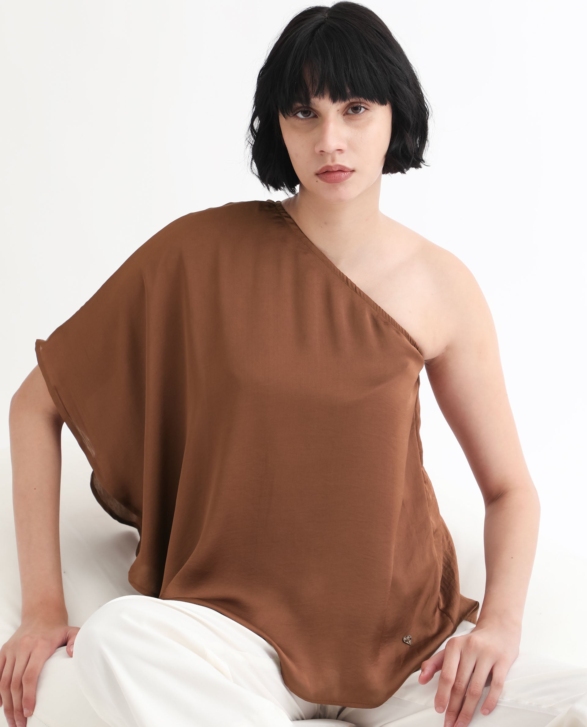 Rareism Women Ibis Dark Brown Polyester Fabric Off Shoulder Button Closure Flared Sleeve Regular Fit Plain Top