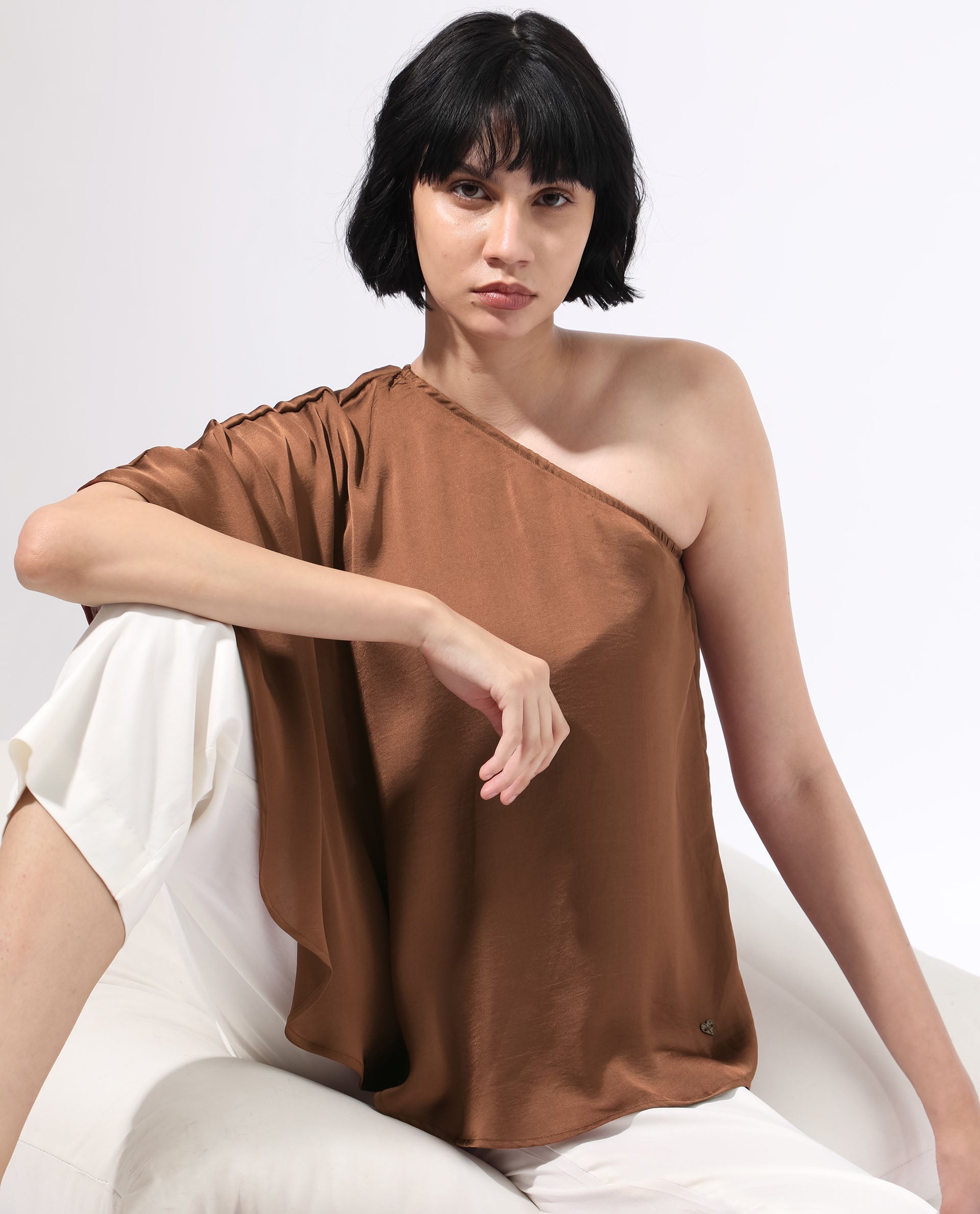 Rareism Women Ibis Dark Brown Polyester Fabric Off Shoulder Button Closure Flared Sleeve Regular Fit Plain Top