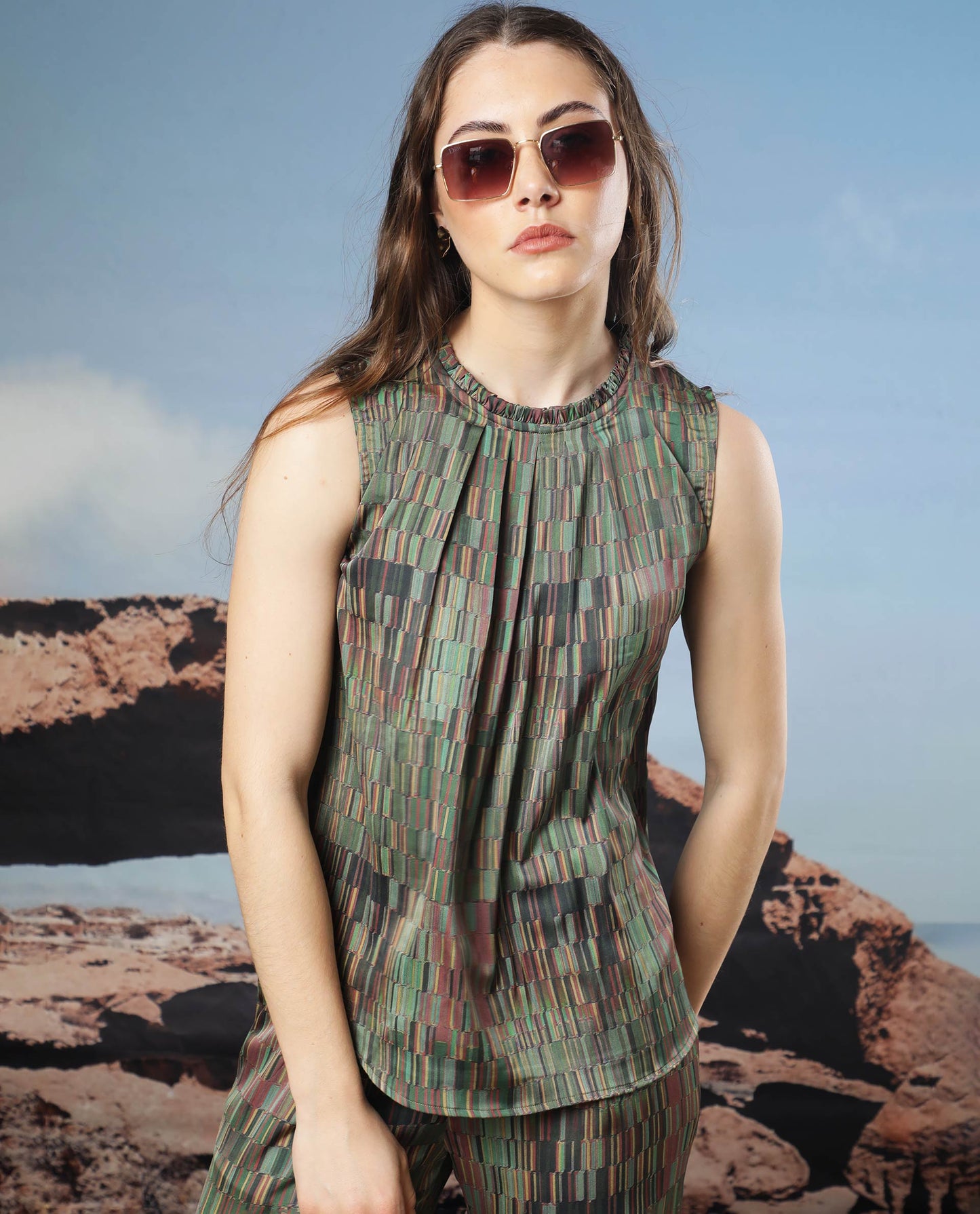 Rareism Women Giselle Dark Olive Polyester Fabric Button Closure Round Neck Sleeveless Regular Fit Geometric Print Top