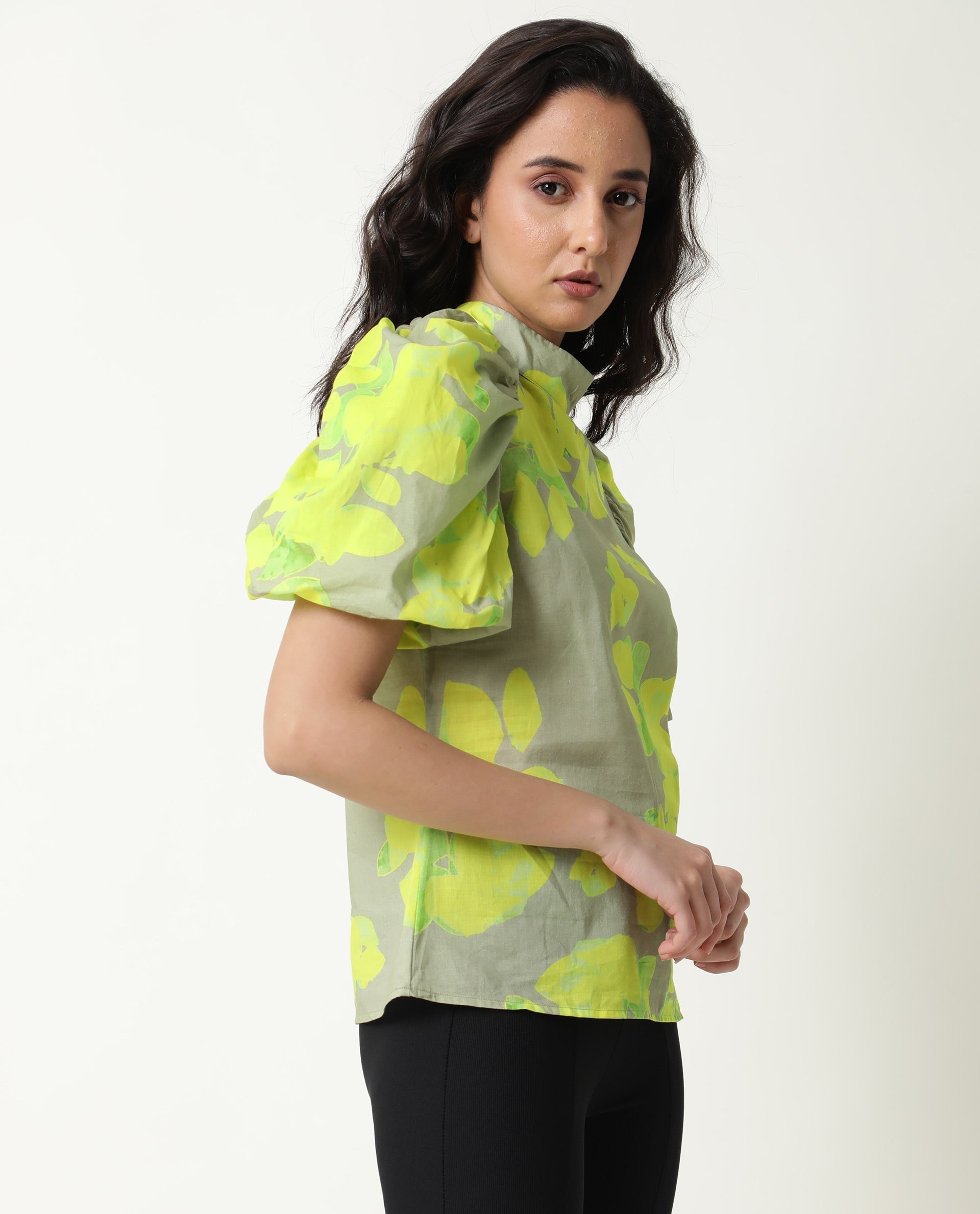 Rareism Women Lagger Green Cotton Fabric Regular Fit High Neck Half Sleeves Abstract Print Top