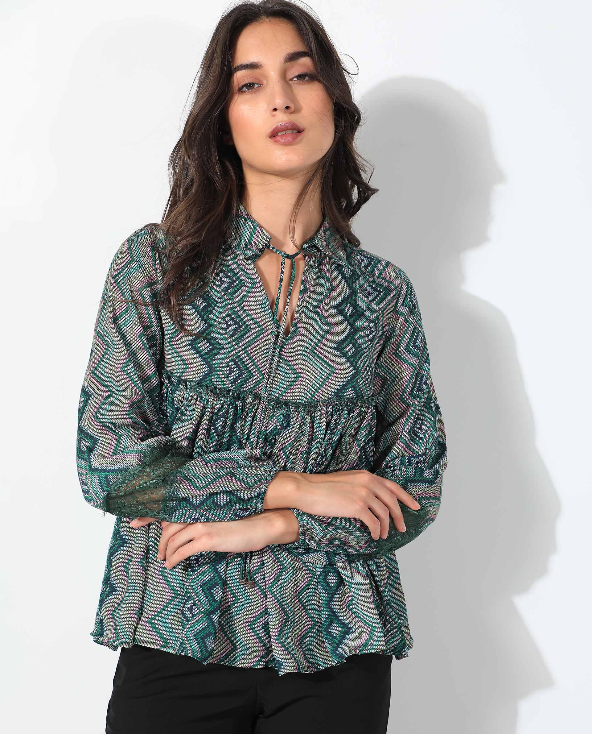 Rareism Women Cataline Dark Olive Polyester Fabric Full Sleeves Tie-Up Closure Tie-Up Neck Regular Fit Geometric Print Top