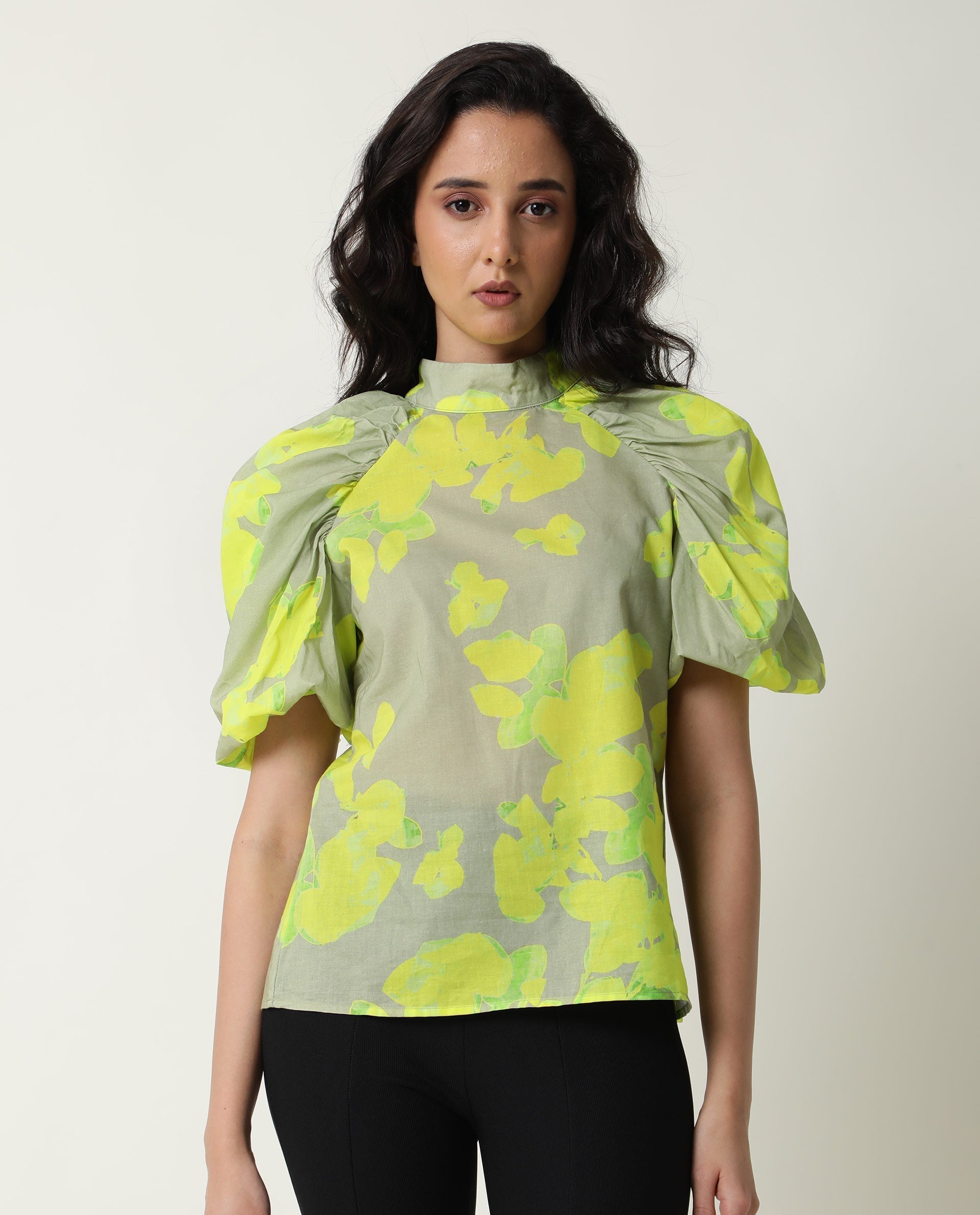 Rareism Women Lagger Green Cotton Fabric Regular Fit High Neck Half Sleeves Abstract Print Top