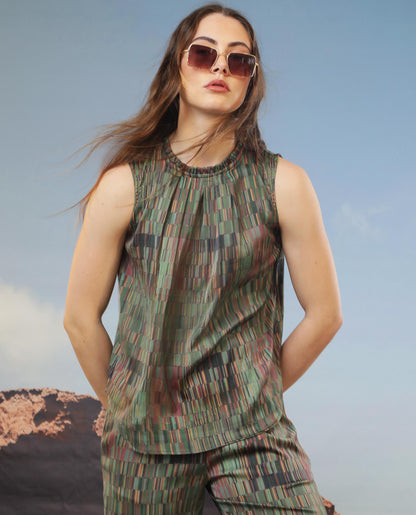 Rareism Women Giselle Dark Olive Polyester Fabric Button Closure Round Neck Sleeveless Regular Fit Geometric Print Top