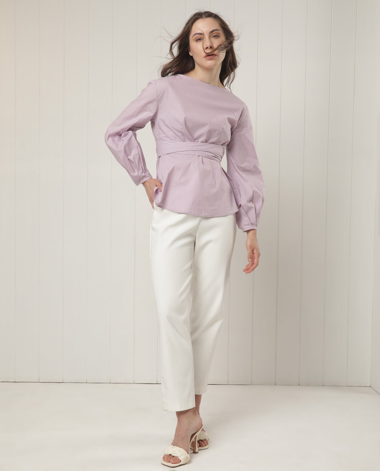 Rareism Women Tulipo Pastel Purple Cotton Fabric Full Sleeves Tie-Up Closure Boat Neck Regular Fit Plain Top