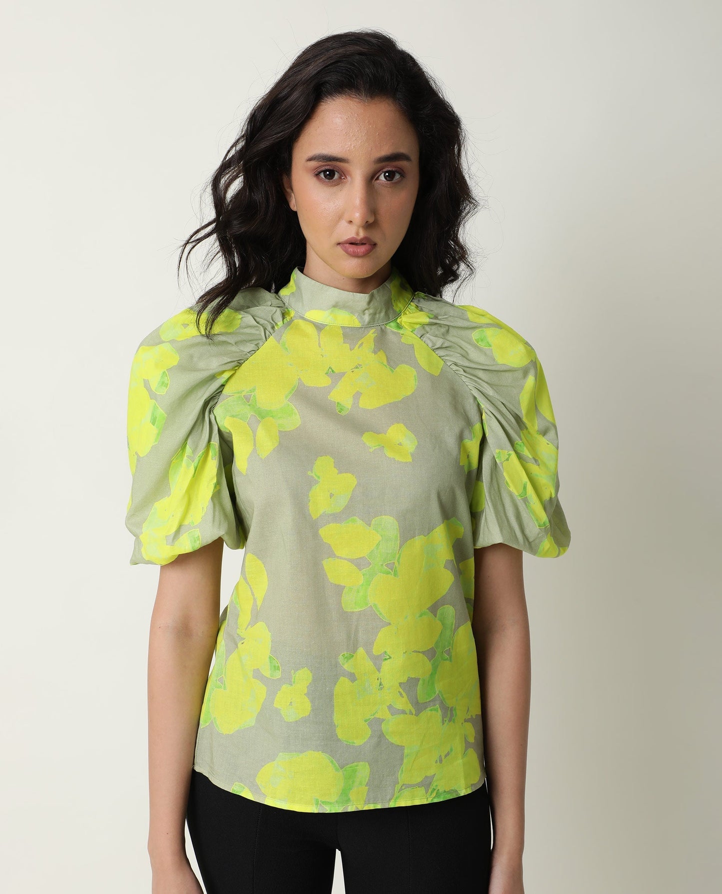 Rareism Women Lagger Green Cotton Fabric Regular Fit High Neck Half Sleeves Abstract Print Top