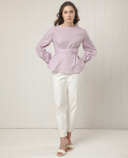 Rareism Women Tulipo Pastel Purple Cotton Fabric Full Sleeves Tie-Up Closure Boat Neck Regular Fit Plain Top