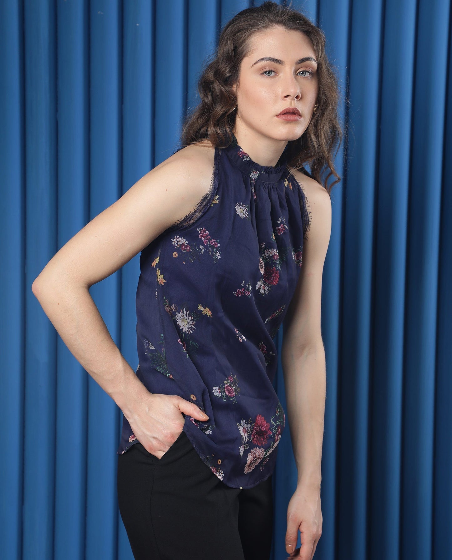 Rareism Women Delins Dark Blue Polyester Fabric Zip Closure High Neck Sleeveless Regular Fit Floral Print Top