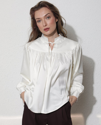 Rareism Women Tia White Polyester Fabric Full Sleeves Tie-Up Closure Mandarin Collar Volume Sleeve Relaxed Fit Plain Top