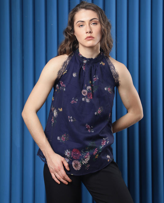 Rareism Women Delins Dark Blue Polyester Fabric Zip Closure High Neck Sleeveless Regular Fit Floral Print Top