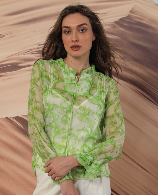 Rareism Women Willow Green Polyester Fabric Full Sleeves Tie-Up Neck Ruffled Sleeves Regular Fit Abstract Print Top