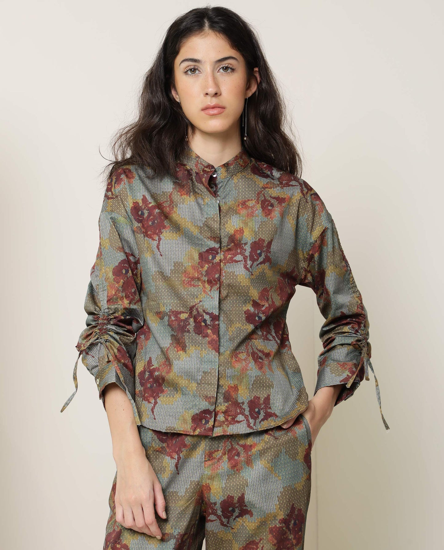 Rareism Women Skyla Dark Olive Cotton Fabric Full Sleeves Button Closure Mandarin Collar Regular Fit Floral Print Top