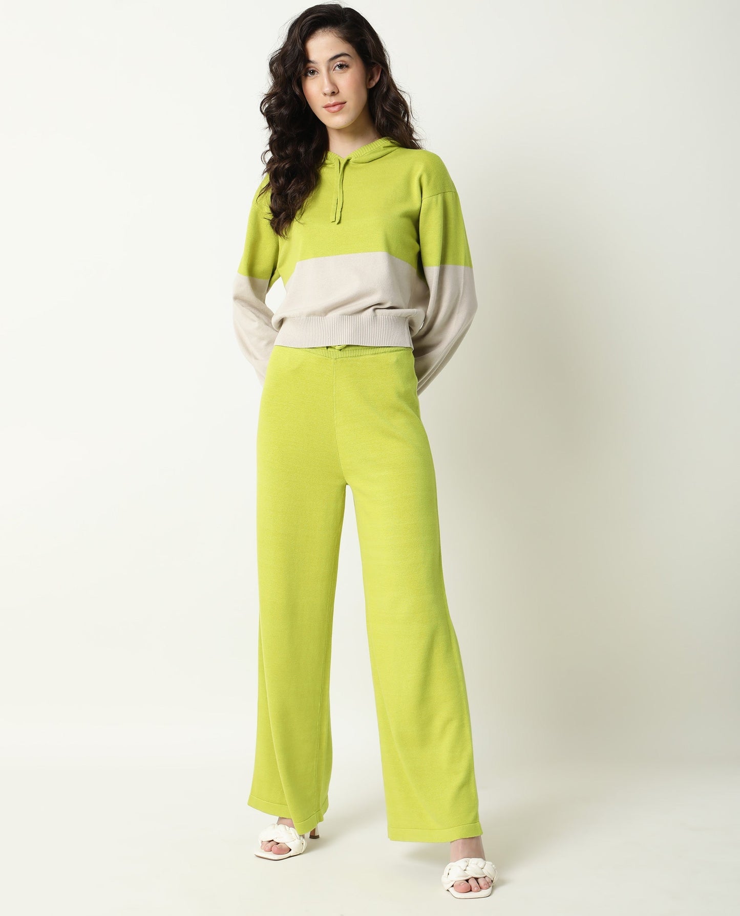 Rareism Women Finnet Track Flouroscent Green Cotton Fabric Relaxed Fit Color Blocked Mid Rise Regular Track Pant