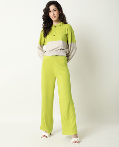 Rareism Women Finnet Track Flouroscent Green Cotton Fabric Relaxed Fit Color Blocked Mid Rise Regular Track Pant