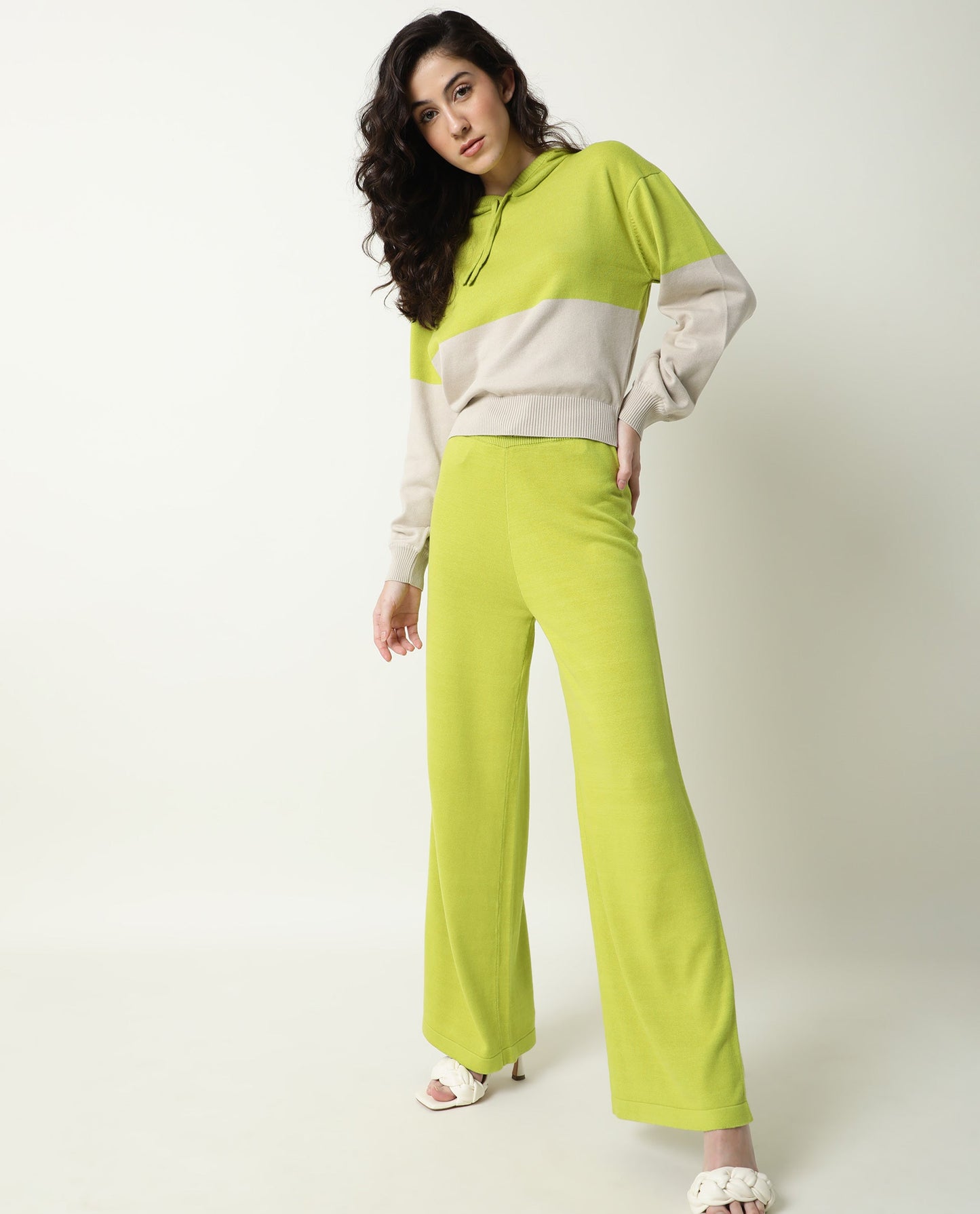 Rareism Women Finnet Track Flouroscent Green Cotton Fabric Relaxed Fit Color Blocked Mid Rise Regular Track Pant