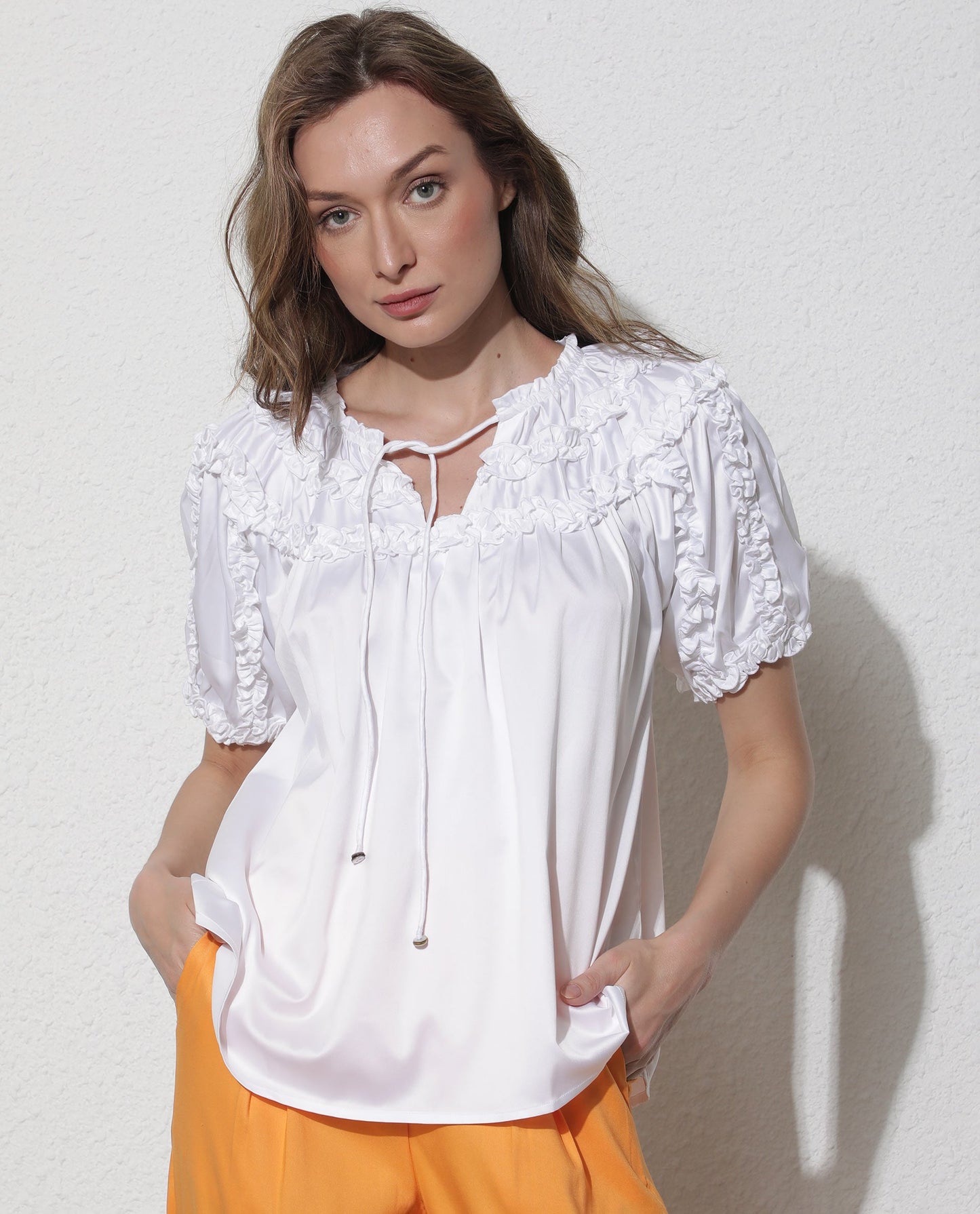 Rareism Women William White Polyester Fabric Short Sleeves Tie-Up Neck Puff Sleeve Regular Fit Plain Top