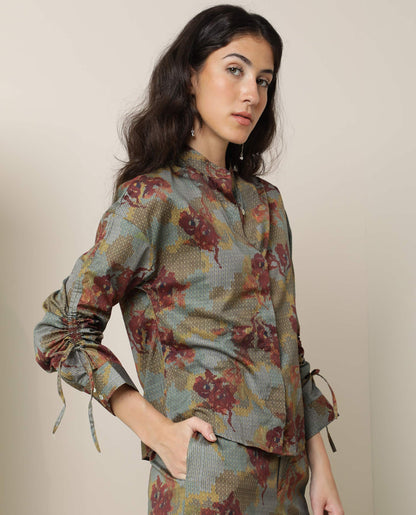 Rareism Women Skyla Dark Olive Cotton Fabric Full Sleeves Button Closure Mandarin Collar Regular Fit Floral Print Top