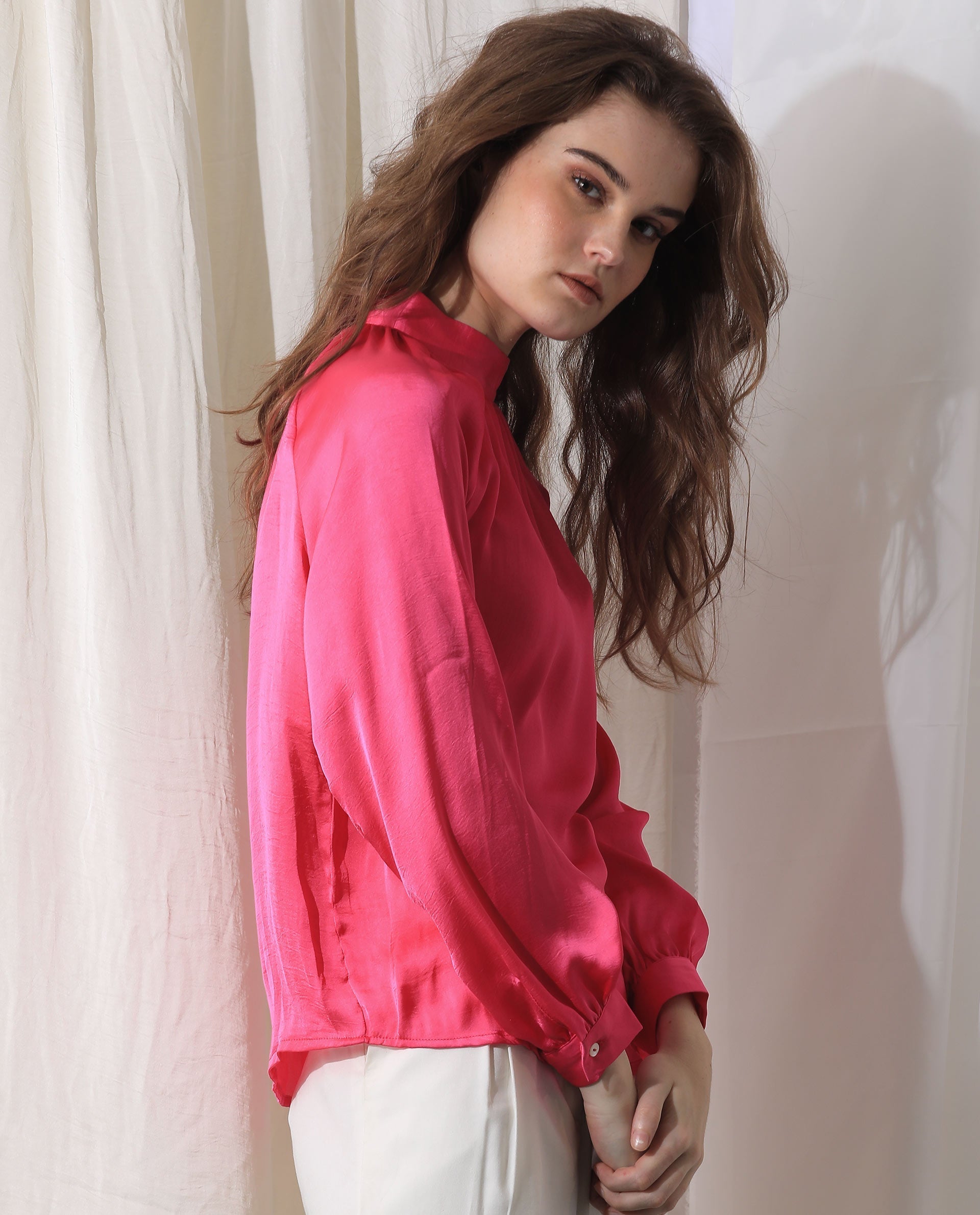 Rareism Women Kaylinn Fluorescent Pink Polyester Fabric Full Sleeves Button Closure High Neck Volume Sleeve Relaxed Fit Plain Top