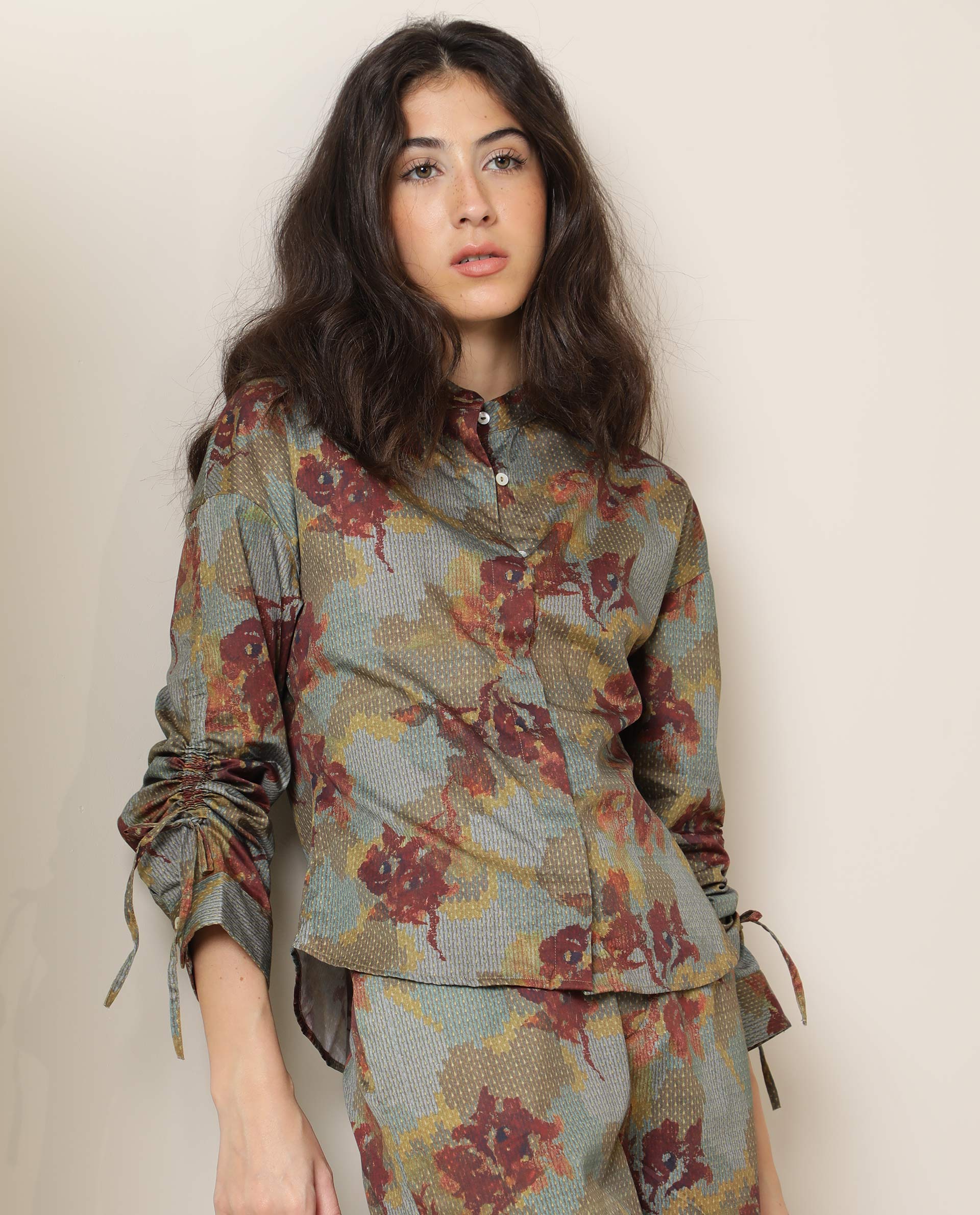 Rareism Women Skyla Dark Olive Cotton Fabric Full Sleeves Button Closure Mandarin Collar Regular Fit Floral Print Top