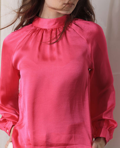 Rareism Women Kaylinn Fluorescent Pink Polyester Fabric Full Sleeves Button Closure High Neck Volume Sleeve Relaxed Fit Plain Top