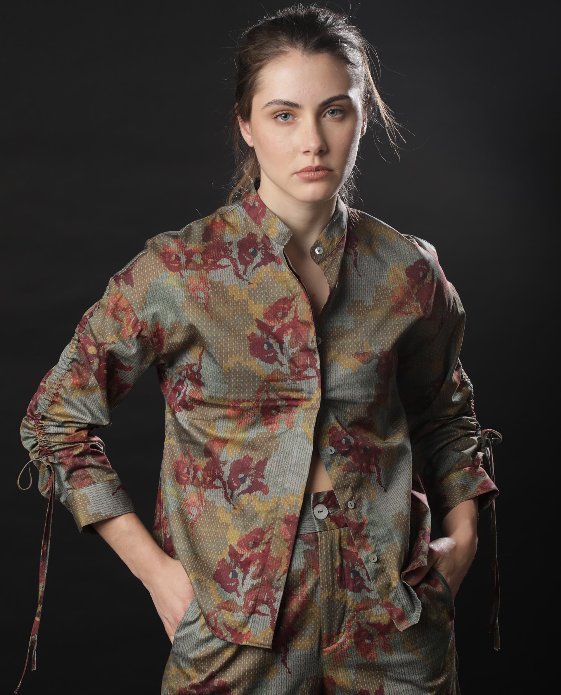 Rareism Women Skyla Dark Olive Cotton Fabric Full Sleeves Button Closure Mandarin Collar Regular Fit Floral Print Top