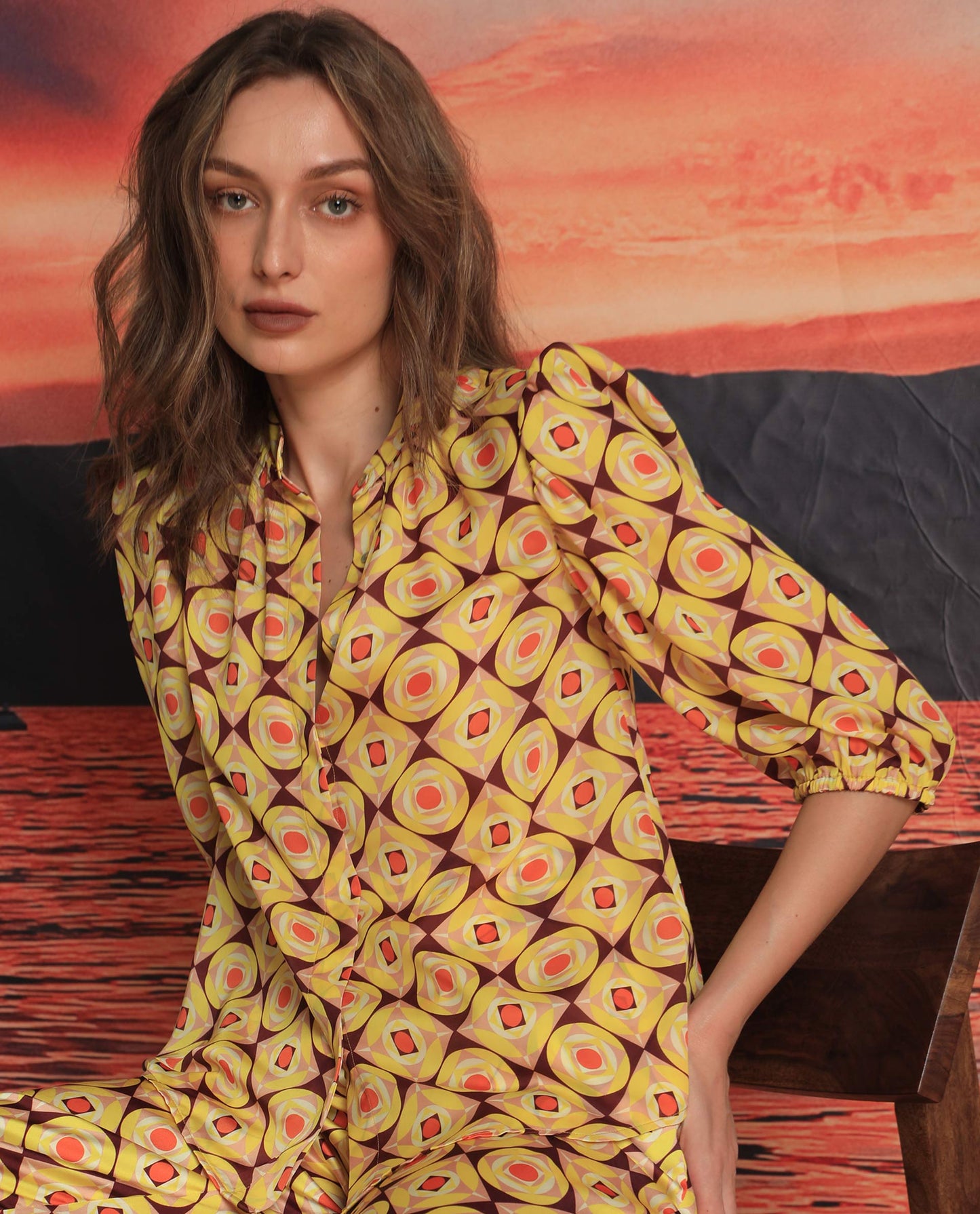 Rareism Women Mason Yellow Polyester Fabric 3/4Th Sleeves Mandarin Collar Balloon Sleeve Regular Fit Geometric Print Top