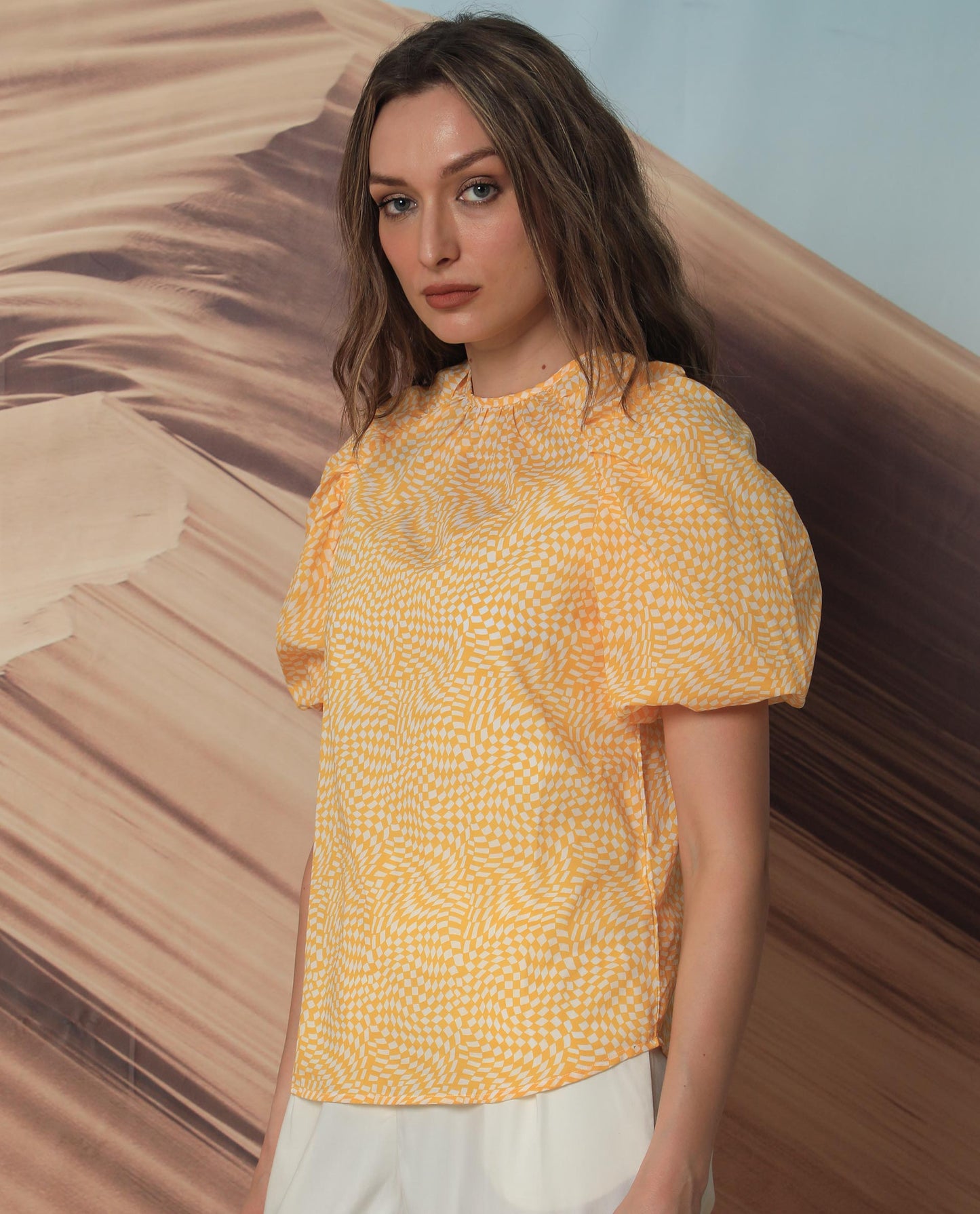 Rareism Women Bulbine Yellow Cotton Fabric Short Sleeves Round Neck Extended Sleeve Regular Fit Geometric Print Top